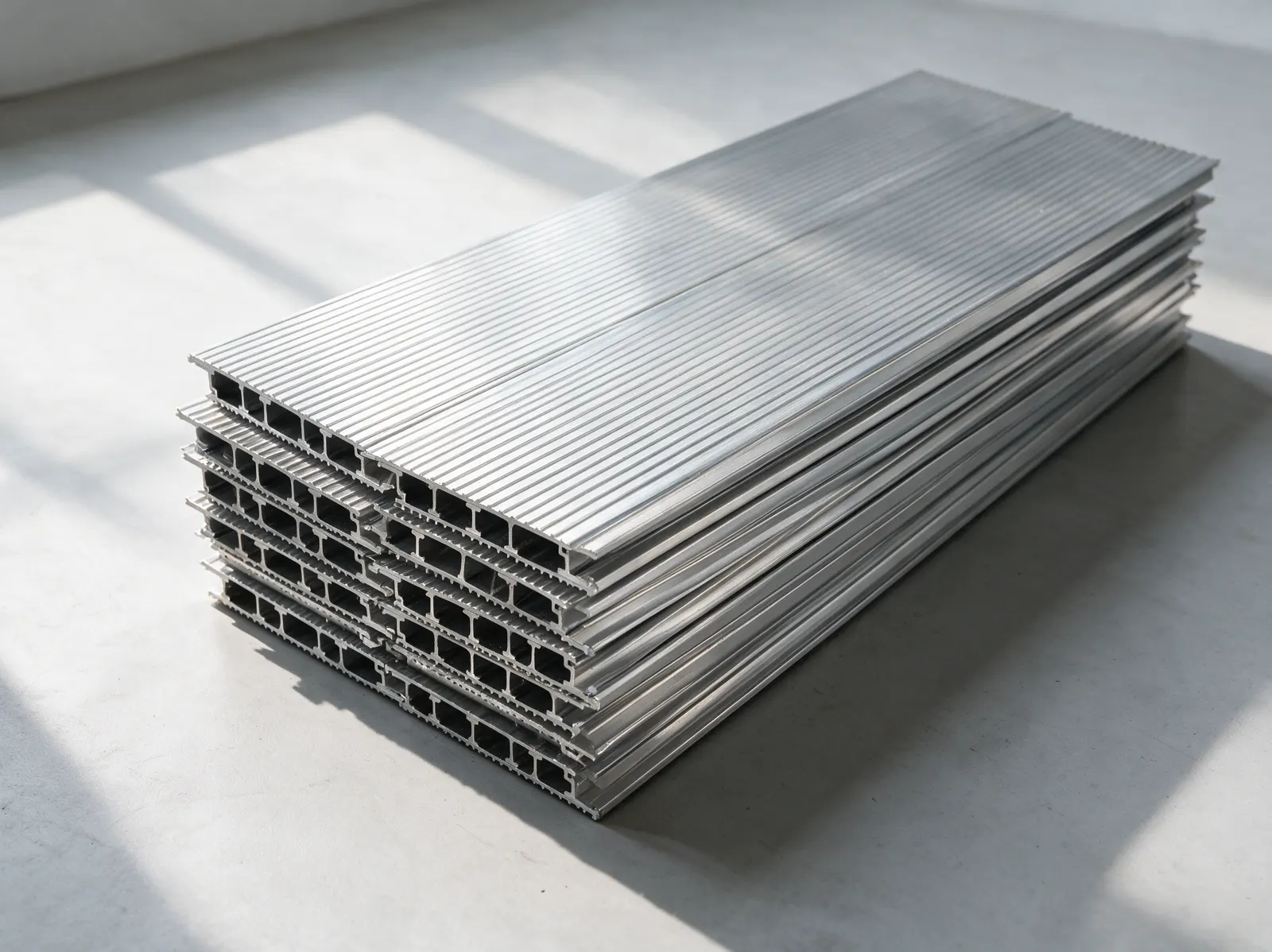 Sfeerbeeld van een stapel aluminium planken