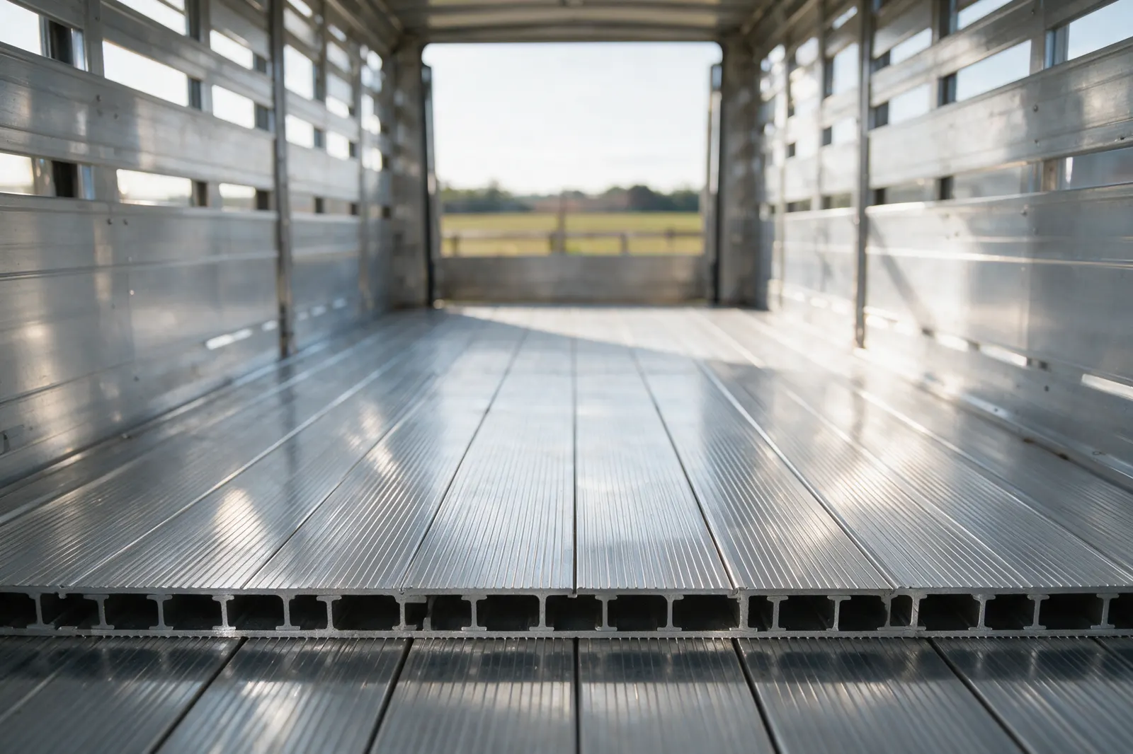 Sfeerbeeld van een aluminium vloer in een veewagen